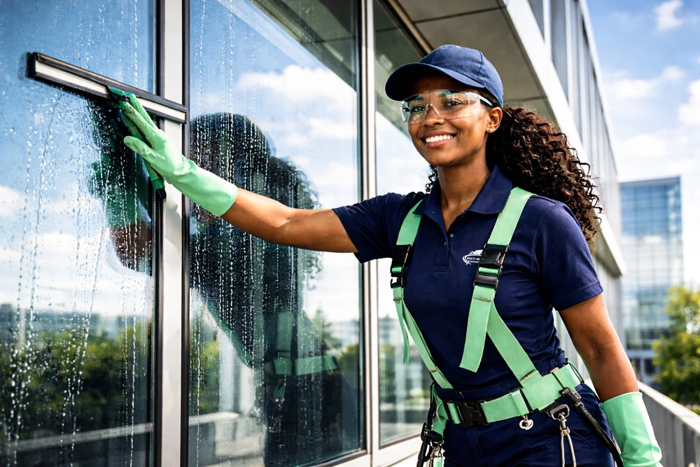 Photographie en intérieur de bureau ou de chantier pendant les heures de nuit ou très tôt le matin, montrant une équipe de nettoyage professionnel en action, vêtue de tenues de travail et équipée d'outils professionnels (aspirateurs industriels, bacs de produits, vêtements de protection), opérant dans un environnement clairement professionnel B2B tel qu'un open-space, couloir d'entreprise ou zone de chantier. L'éclairage doit évoquer l'intervention en dehors des heures normales (lumière artificielle, ambiance de nuit). Aucune présence de résidentiel.